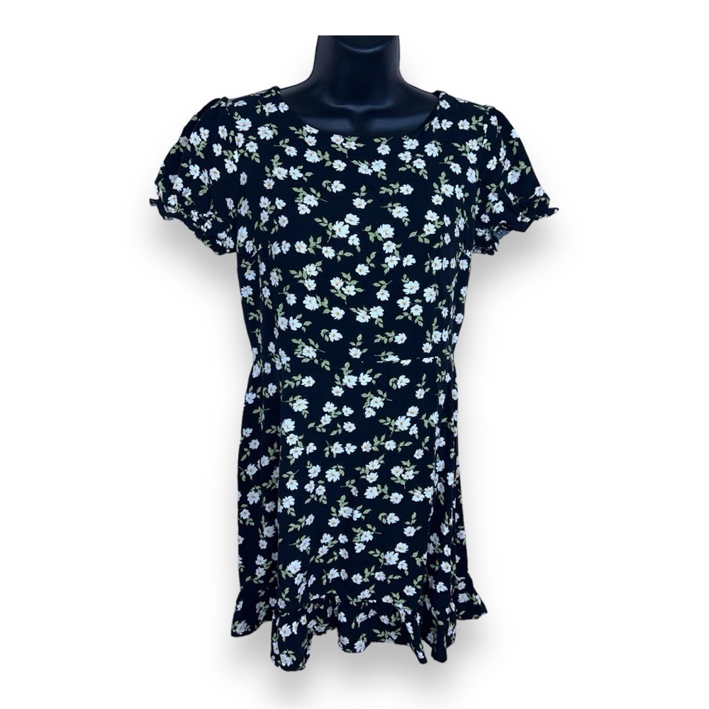 LARGE JUNIORS BLACK FLORAL DRESS SHORT SLEEVE MI AMI RUFFLE